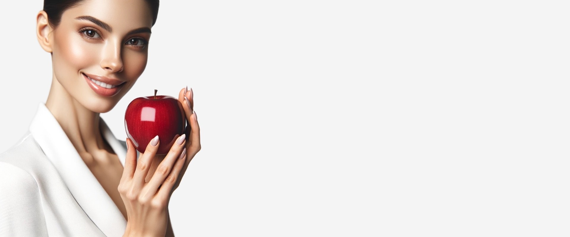 Девушка c хорошим здоровьем держит яблоко
