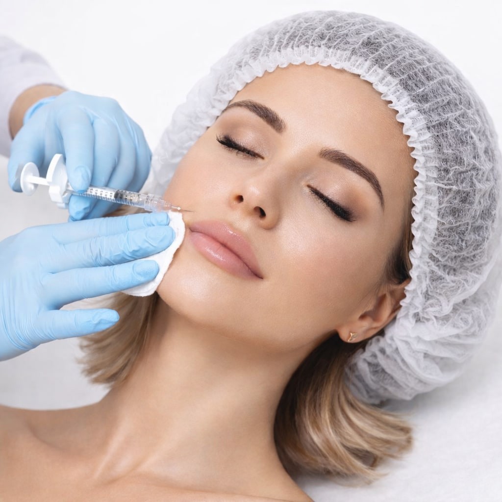 Врач делает инъекцию гиалуроновой кислоты в носогубную складку пациента